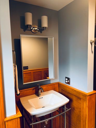 Bathroom addition, stained wainscoting