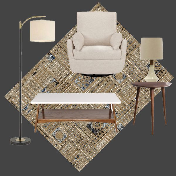 Cozy beige armchair with matching pillows, lamp, and coffee table on patterned rug.