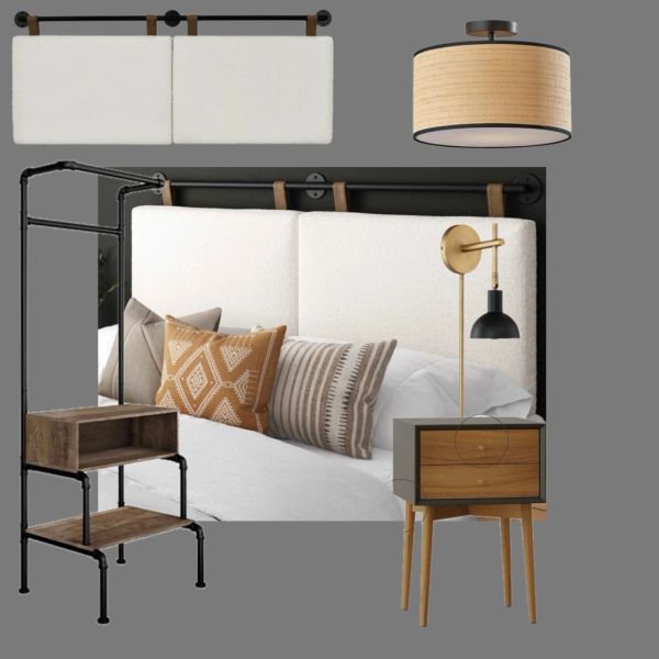 Modern rustic bedroom furniture and lighting set.