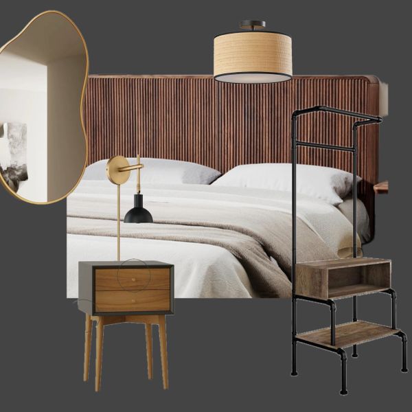 Modern bedroom with wooden headboard, irregular mirror, and mixed material furniture.