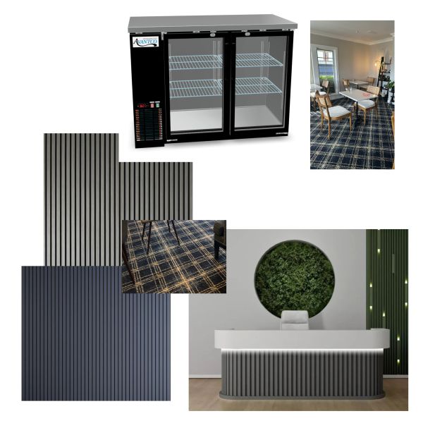 Commercial refrigerator and modern interior with patterned carpet and stylish reception desk.