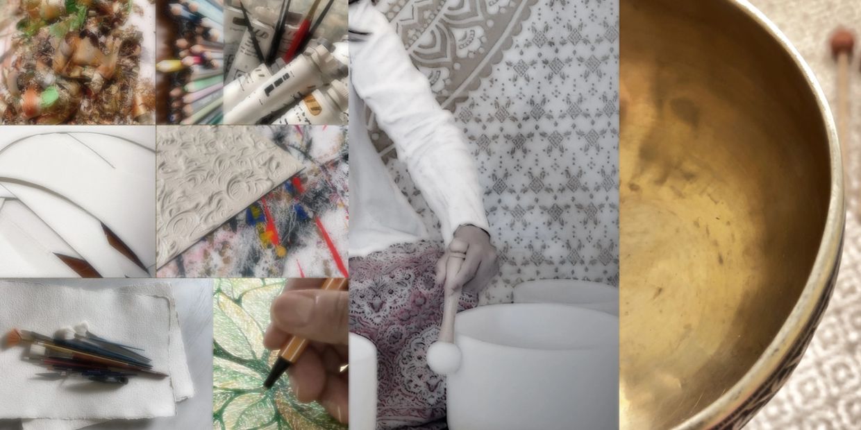 Collection of art supplies and a person playing a singing bowl.