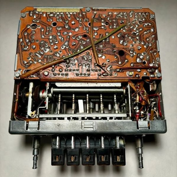 Vintage electronic component with circuit board and mechanical parts.