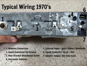 Diagram of typical 1970s car stereo wiring with labeled connectors and functions.