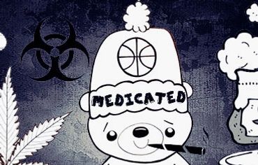 Cartoon bear with medical marijuana theme and related symbols.