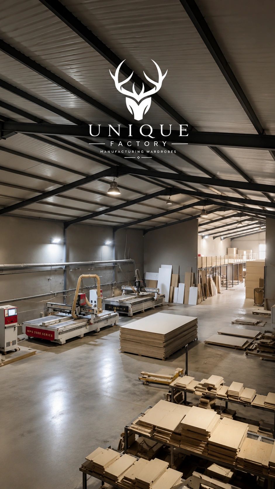 Spacious woodworking factory interior with stacks of wood and cutting machines.