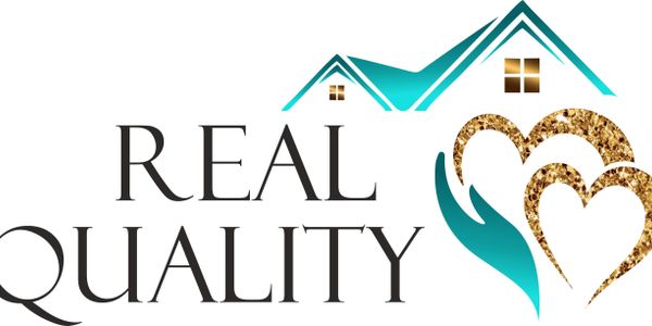 Logo with house roofs, golden hearts, and the text 'Real Quality'.