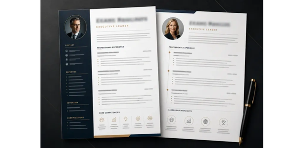 Two professional resume templates with photos and icons.