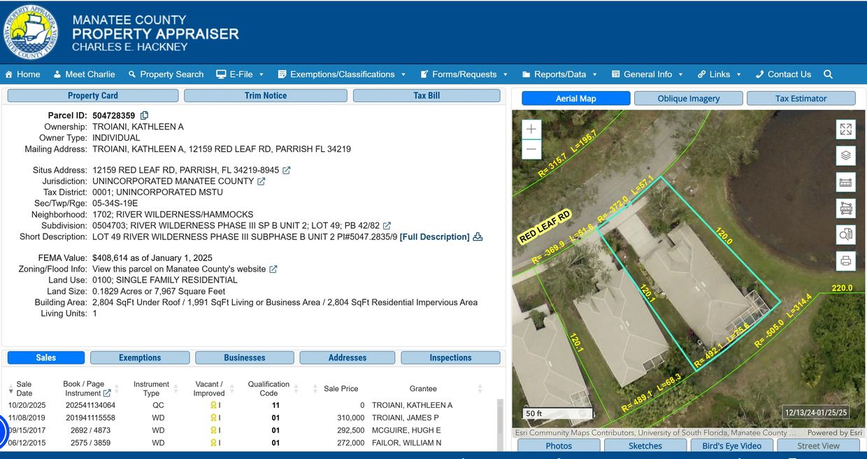 Manatee County property appraisal details and aerial map for 12159 Red Leaf Rd, Parrish, FL.