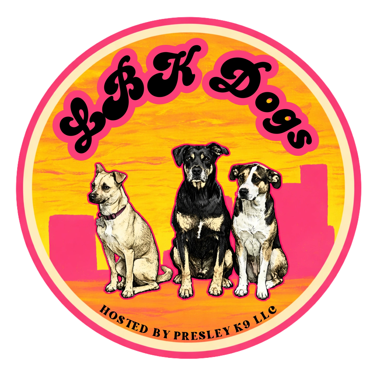 Logo featuring three dogs with text 'L.K.Dogs' and 'Hosted by Presley K9 LLC'.
