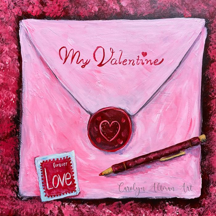 My Valentine Painting of an envelope, ink pen and forever love stamp on deep stretched canvas. CAA