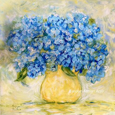Blue Hydrangeas in a Yellow Vase is an acrylic medium painting by Carolyn Altman