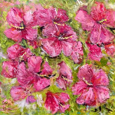 Pink Hibiscus is a 12x12 inch painting on a deep canvas created in 2025. An addition to my florals.