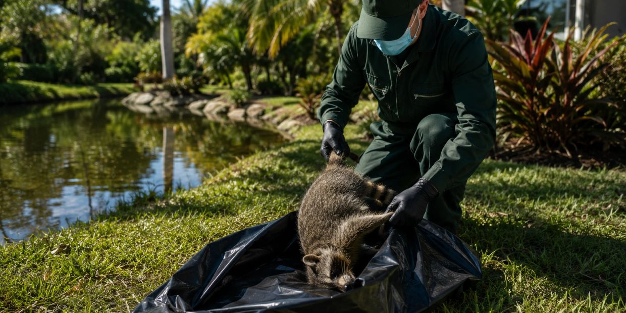 Man in protective gear handling a raccoon near a lake.