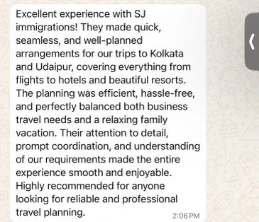 Positive review praising SJ Immigrations for excellent travel planning.