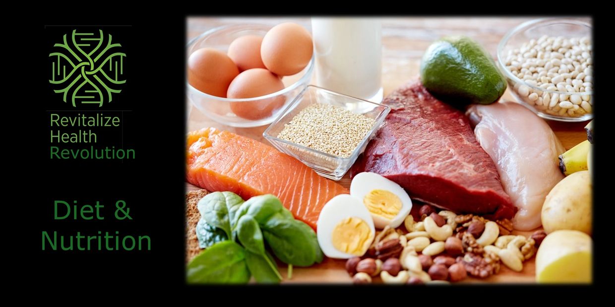 A variety of nutritious foods including eggs, salmon, beef, chicken, avocado, nuts, and greens.