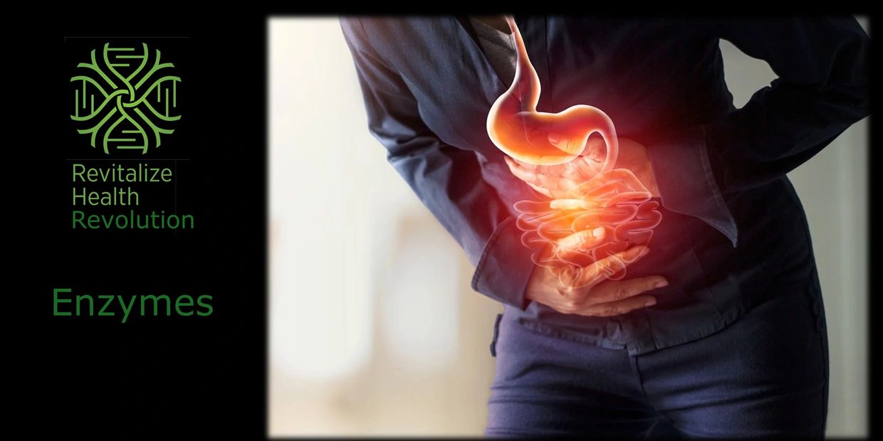 Person clutching stomach with highlighted digestive system, emphasizing enzymes.