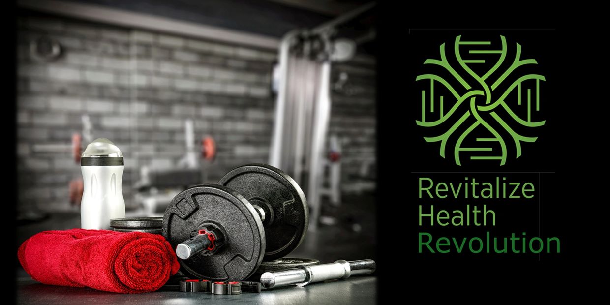 Dumbbells, towel, and water bottle with health revolution logo and text.