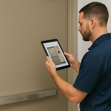 Man using a tablet to inspect or document a door.