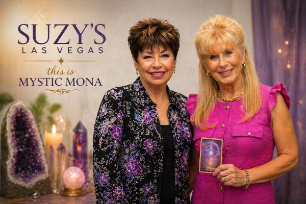 Two women posing at Suzy's Las Vegas Mystic Mona event.