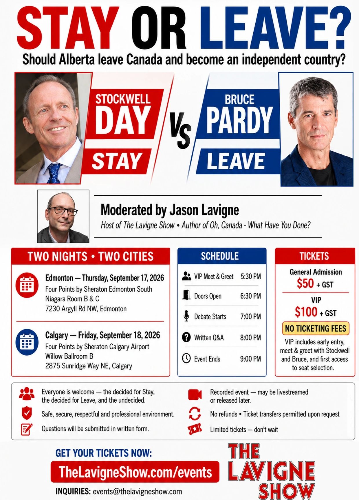 Debate event on Alberta's independence featuring Stockwell Day and Bruce Pardy, moderated by Jason Lavigne.