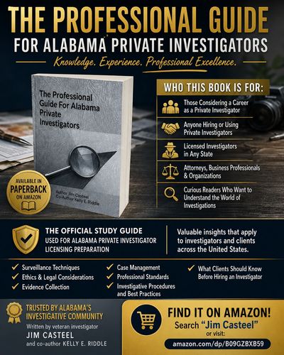 Guidebook for Alabama private investigators with licensing prep and professional insights, available on Amazon.