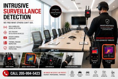 Private investigator using thermal imaging for surveillance detection in a conference room.