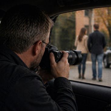 A man taking photos of a couple from inside a car.