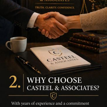 Handshake over a contract with Casteel & Associates logo and tagline.