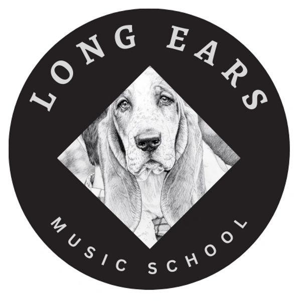 Logo of Long Ears Music School featuring a dog with long ears.
