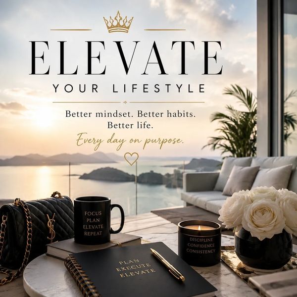 Motivational lifestyle scene with sunset, books, coffee, and inspirational quotes.