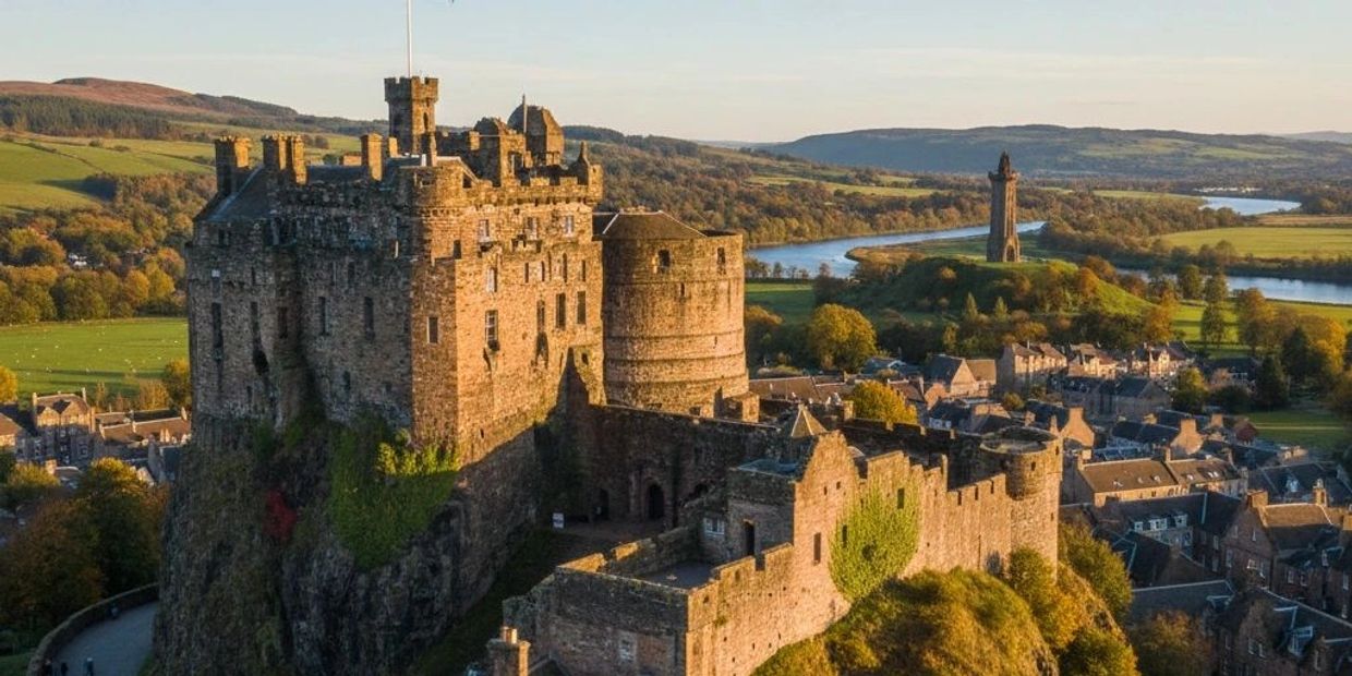 Historic stone castle overlooking a scenic river and village in a lush green landscape.