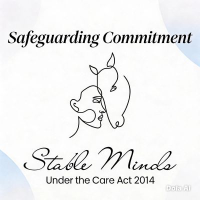 Minimalist line art of a person and horse with safeguarding commitment text.