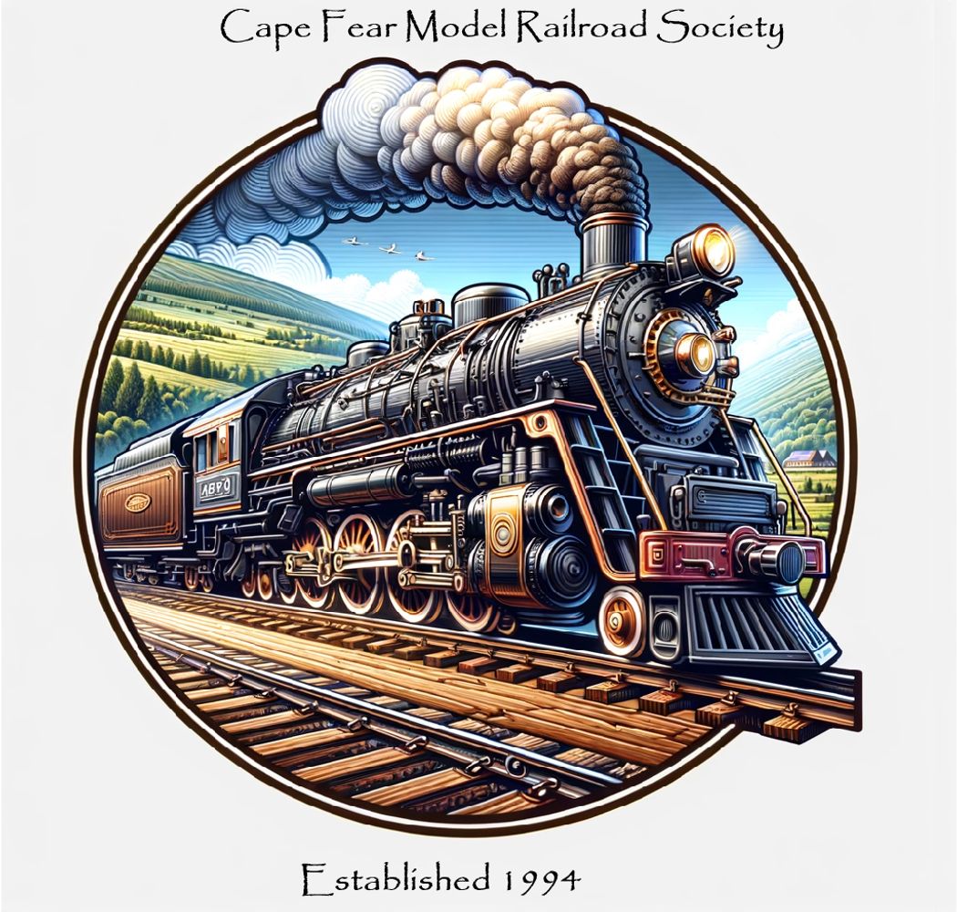 Detailed steam locomotive illustration for Cape Fear Model Railroad Society.