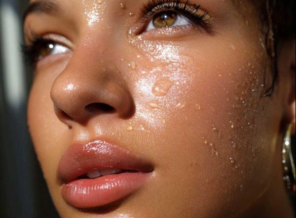 Close-up of a glowing face with water droplets and natural makeup.