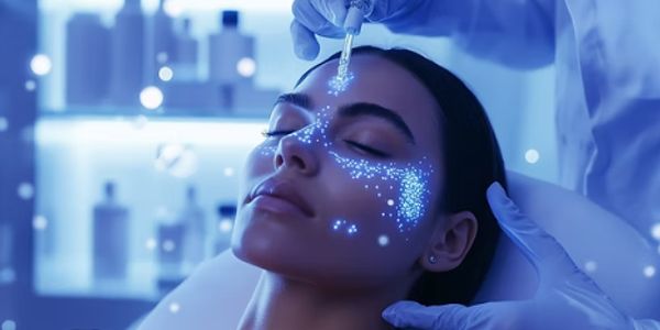 Woman receiving a glowing facial treatment with blue light in a spa.
