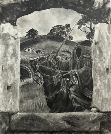 Nazgul from LOTR looking in through stone window with hobbit-holes in the background