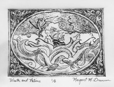 storm-tossed ship with dragon above and whales below