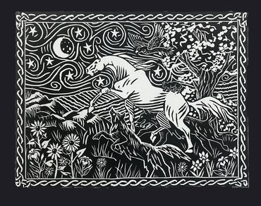 woodcut of a horse running up a hill with two wolves