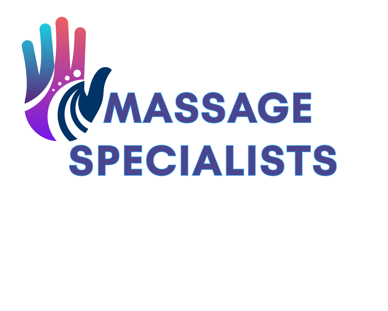Multi colored massage hand and the words  massage specialists