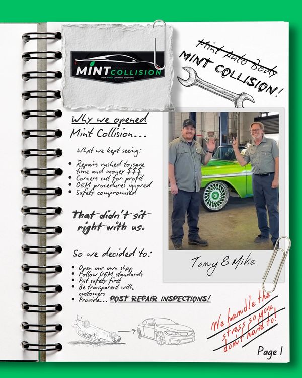 Notebook graphic telling the story of Mint Collision with handwritten notes and a photo of owners