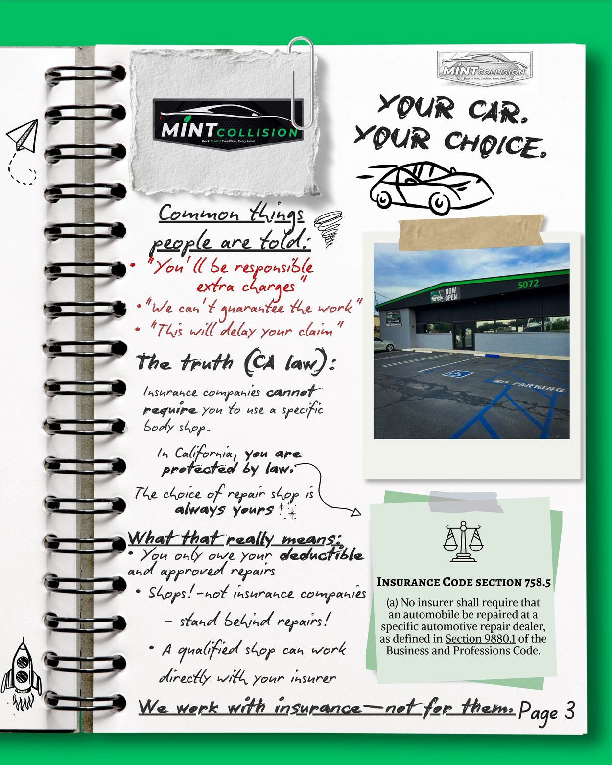 Notebook graphic explaining the right to choose an auto body shop in California