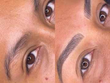 before and after picture of woman's eyebrow microblading