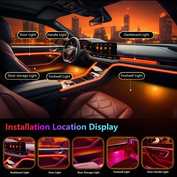 Car interior ambient lighting highlighting door, handle, dashboard, and footwell areas.