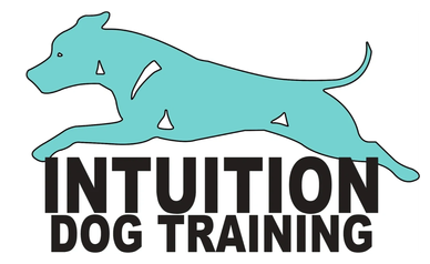 Logo of a dog training business with a blue dog illustration.