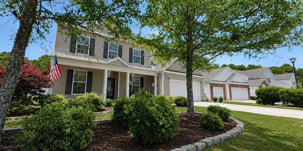 Suburban house with lush landscaping and American flag.
