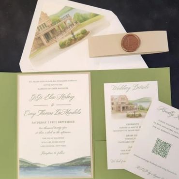 Custom watercolor art for invite and liner. Layered invite, backer in pocket with band adorned with