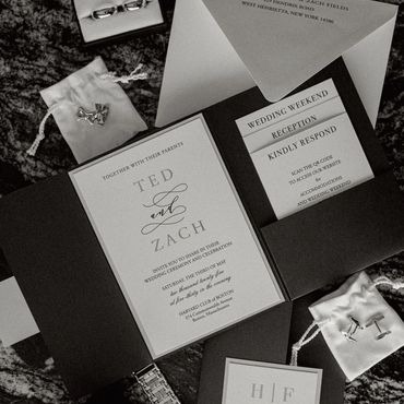 Tuxedo luxury! Foil with layers in pocket. Traditional black, white and silver. Can be customized in