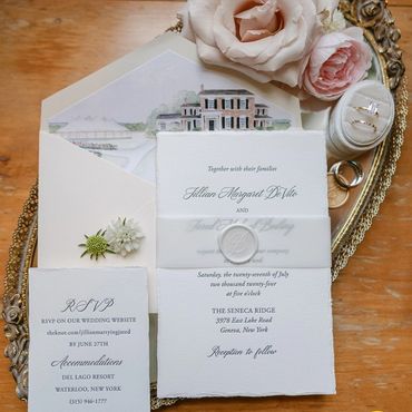 Luxury suite on deckle edge stock. Parchment band, wax seal. Custom Venue drawing as envelope liner.