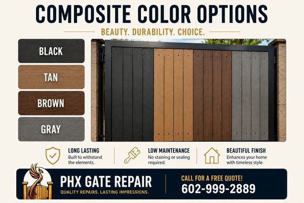 Composite gate color options with benefits and contact info for PHX Gate Repair.